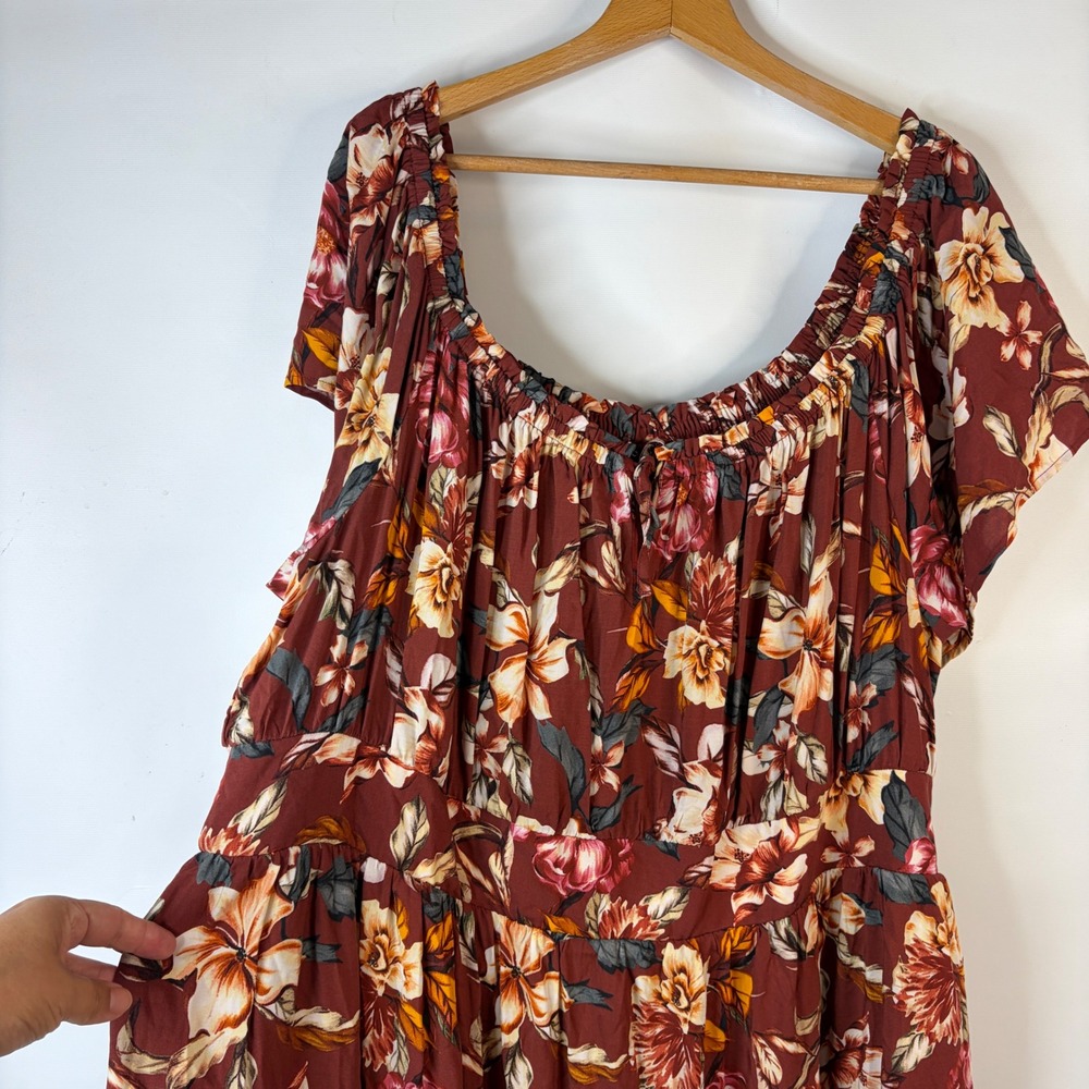 Torrid Maxi Dress Women 4 Burgundy Floral Boho Off Shoulder Ruffle Pocket - Picture 12 of 12